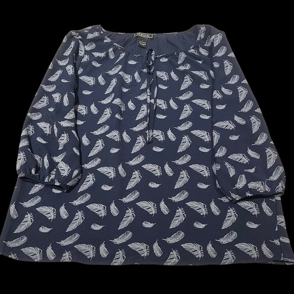 NYCC Tops - NYCC Women’s Blouse Size L Dark Blue White Feather Print